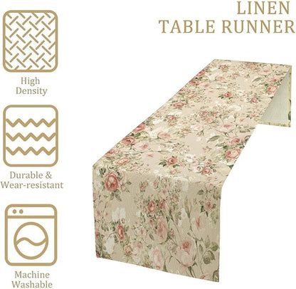 Lovely Rose Table Runner, Red and White Vintage Rose Delicate Floral Natural Pattern Long Table Restaurant Kitchen Holiday Party Decoration,13in（33cm） W * 60in（152cm） L
