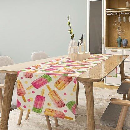 Ice Cream Popsicles Table Runner, Watercolor Summer Seasonal Fruit Peach Kiwi Berry Popsicles Orange Pink Sweet Dessert Dinner Runner for Party Holiday Home Kitchen Dining Table Decor 13"x36"