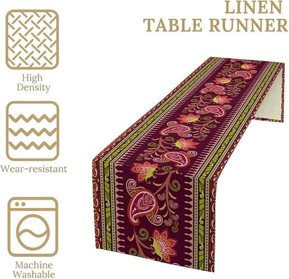Dark Red Paisley Table Runner, Vintage Boho Paisley Flowers Geometric Print Table Cover for Farmhouse Wedding Party Home Kitchen Dining Table, 13x36inch