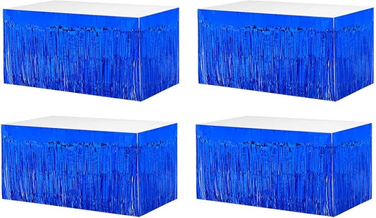 4 Pack 29x108 Inch Metallic Foil Fringe Tinsel Table Skirts for Rectangle Tables Streamer Curtains Backdrop for Wedding, Birthday, Parade Floats, Christmas, Halloween Party Decoration(Blue)