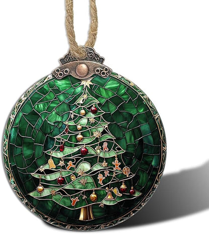 Stained Glass Christmas Decorations, Small Bell Pendant Suncatcher for Window Christmas Tree Hanging Ornaments Retro Green Sun Catcher Xmas Decor Gifts for Women Men Mom Nana Friend