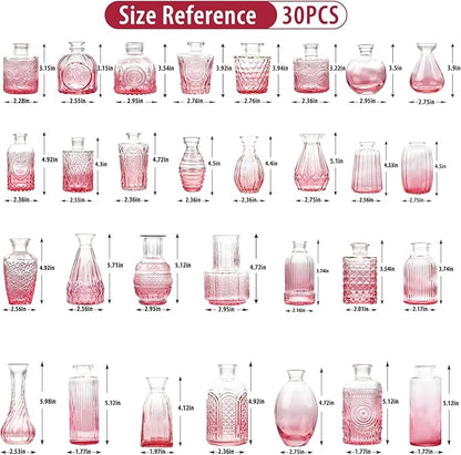 Pink Glass Bud Vase Set of 30, Small Flower Vases in Bulk, Mini Vintage Vases for Centerpieces, Home, Parties, Wedding Table Decoration (30 Pack)