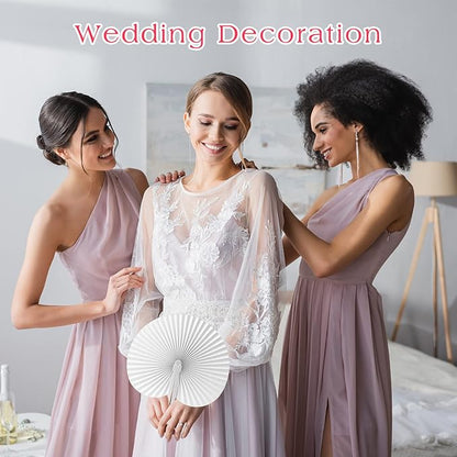 Handepo 200 Pieces Wedding Fans Folding Paper Fans Paper Fans Round Shaped Folding Fans Handheld Fan with Plastic Handle for Wedding Celebration Birthday Party Favor (White)