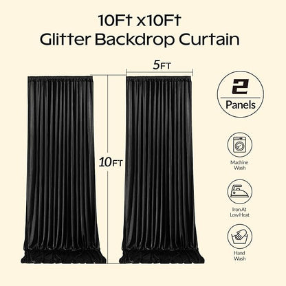 Black Glitter Backdrop Curtain for Parties Wedding,10Ft x 10Ft Satin Shimmer Photo Backdrop,Non-Wrinkle Sparkle Drapes for Backdrop,Back Drop for Photography, Birthdays,Weddings,Prom