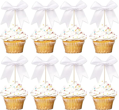 24 PCS Bow Cupcake Toppers Bowknot Cake Toppers Bow Cupcake Picks Bowknot Birthday Party Decorations Bow Cake Dessert Picks for Wedding Bridal Engagement Baby Shower Birthday Party Supplies White