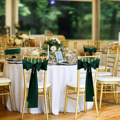 50 PCS Forest Green Satin Chair Sashes Bows Universal Chair Ribbon Ties Back Sash for Wedding Party Reception Events Banquets Hotel Event Chair Cover Decoration (7x108 inch)
