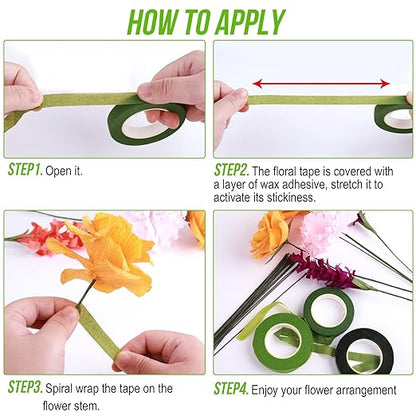 GLAMFIELDS 200 Pieces Green Floral Stem Wire 14 inch 22 Gauge Wire and 3 Rolls 1/2" Wide Floral Tape (30Yard/roll) for Bouquet Stem Wrap, Flower Arrangements Kit, DIY Crafts, Flower Making Supplies