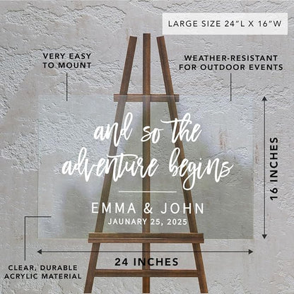 Andaz Press Custom Large Wedding Acrylic Sign, 16 x 24 Inches, The Adventure Begins, Personalized Sign, Welcome Sign For Modern Wedding Decor Welcome To Our Beginning