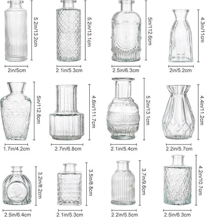 12 Pcs Small Glass Bud Vase Set of，Mini Vintage Vases in Bulk, Clear Bud Vases for Centerpieces， Rustic Wedding Decorations，Home Table Flower Décor.