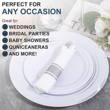 200Guests Pre Rolled Silver Plastic Silverware Sets - Heavy Duty Silver Cutlery - Include 200 Pack Wrapped Disposable Utensils with Napkins for Parties & Dinners & Weddings
