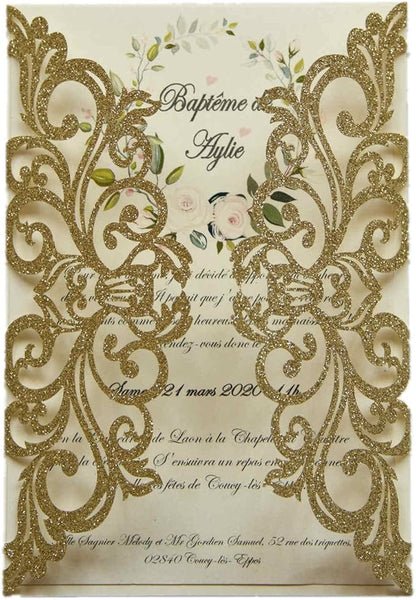 25PCS Champagne Gold Glitter Laser Cut Wedding Invitations Cards with Envelopes,Blank Inner Sheets,Ribbons for Wedding Bridal Shower Quinceañera Engagement Birthday Invites, champagne glitter