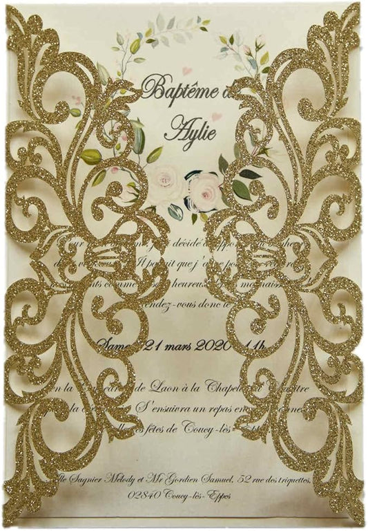 25PCS Champagne Gold Glitter Laser Cut Wedding Invitations Cards with Envelopes,Blank Inner Sheets,Ribbons for Wedding Bridal Shower Quinceañera Engagement Birthday Invites, champagne glitter