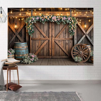 10x10ft Country Wedding Photography Backdrop Rustic Barn Door Photography Backdrop Farmhouse Pink Flower Cabin Wooden Birthday Baby Shower Wedding Bridal Party Banner Photo Booth Props Background