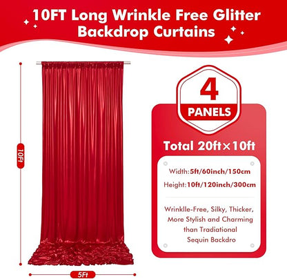 20x10ft Shimmer Red Sequin Backdrop Curtain for Parties, Thick Wrinkle Free Glitter Backdrop Drapes Photo Back Drop Curtains for Birthday Wedding Christmas Photography Background-4 Panels 5x10ft