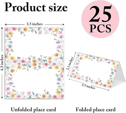 25 Pack Wildflowers Place Cards, Editable Name Cards for Table Setting, Tent Cards Food Label for Dinner Party, Bridal Shower, Wedding, Baby Shower and Events -T07
