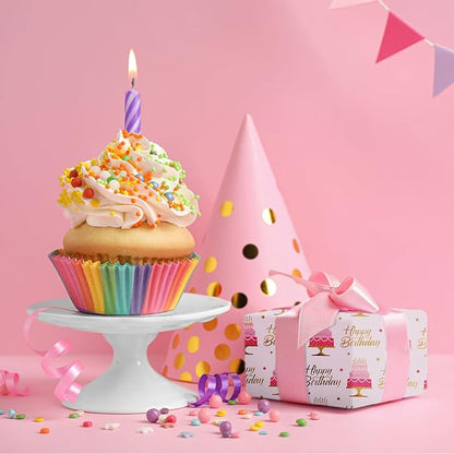 Aimyoo Pink Birthday Wrapping Paper Roll - 17 Inch X 32.8 Feet - Gold Foil Celebration Cake, Happy Birthday Lettering Design Gift Wrap for Kids, Baby Showers