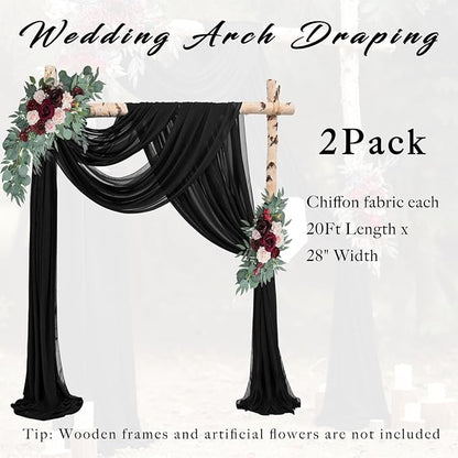 20Ft Length x 28" Width 2 Panels Wedding Arch Draping Fabric Black Arch Drapes Chiffon Fabric Sheer Curtains Backdrop for Party Decor Wedding Bridal Ceremony Ceiling Stage Reception Decorations