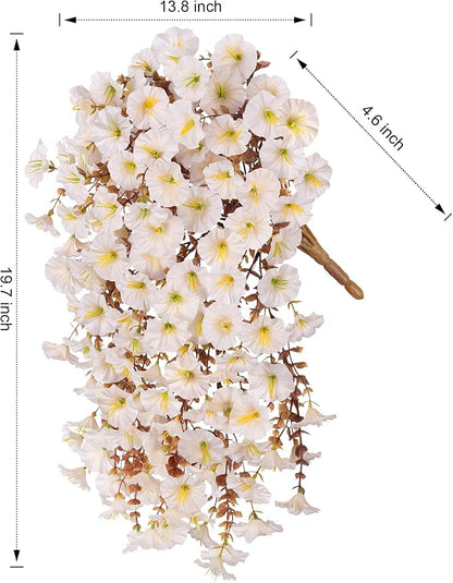 Fake Mums Artificial Fall Hanging Flowers for Outdoors Decoration, 2 PCS Faux Silk Morning Glory with Bown Eucalyptus UV Resistant Plants for Wall Home Porch Patio Balcony Yard Indoor Decor (White)