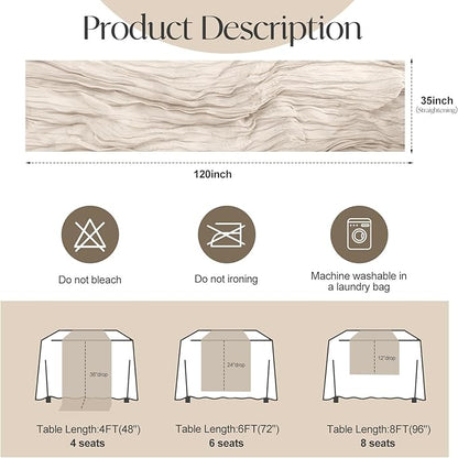 2 Pcs Begie Cheesecloth Table Runner - 120 inch 10FT Boho Rustic Gauze Cheese Cloth Table Runner Decor for Spring Summer Party Wedding Birthday Baby Bridal Shower Home