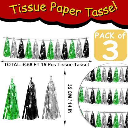 3P Black Silver Green Metallic Fringe Tassel Banner Garland Foil Tinsel Streamer Wall Hanging Curtain Backdrop Banner for Parade Floats, Graduation Decorations, Halloween, Christmas Decorations