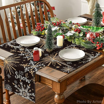 Artoid Mode Black Snowflake Let It Snow Winter Placemats Set of 4, 12x18 Inch Seasonal Christmas Table Mats for Party Kitchen Dining Decoration
