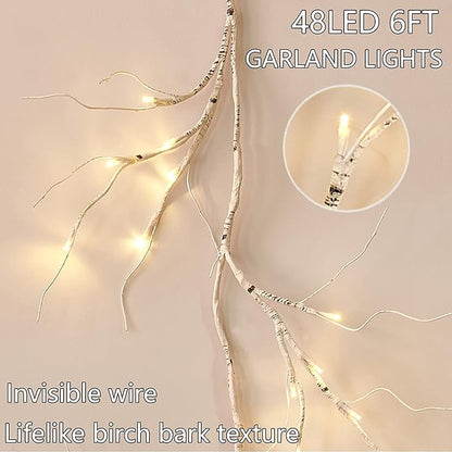 Fudios Lighted Birch Garland with Timer 48 LED Fairy Lights 6ft Battery Operated for Mantle Decor, Lit Christmas White Twig Garland Winter Home Wall Decoration Indoor Outdoor Use 1 Set