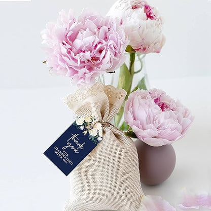 Andaz Press 100-Pack Thank You for Celebrating with Us Favor Tags Navy Blue with Florals Cardstock Gift Tags with Bakers Twine for Wedding Baby Shower Bridal Shower Party Favors 2 x 3.75-Inches