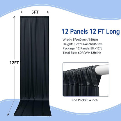 60x12ft Wrinkle Free Black Backdrop Curtain for Wedding Parties,12 Panels 5×12 ft Long Soft Silky Polyester Fabric Backdrop Drapes Black Photo Back Drop Curtains for Party Photography Background Cloth