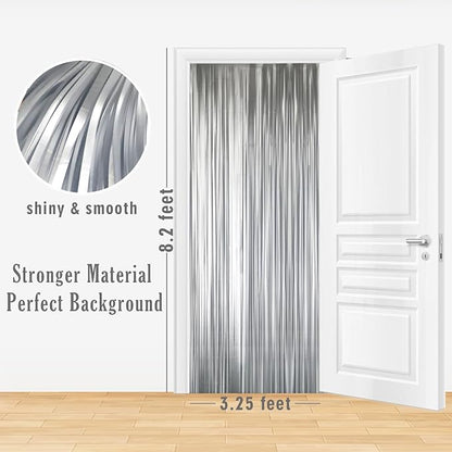 GOER 3.2 ft x 8.2 ft Metallic Tinsel Foil Fringe Curtains Party Photo Backdrop Party Streamers for Birthday,Graduation,New Year Eve Decorations Wedding Decor (4 Pcs,Matte Silver,Thick Material)