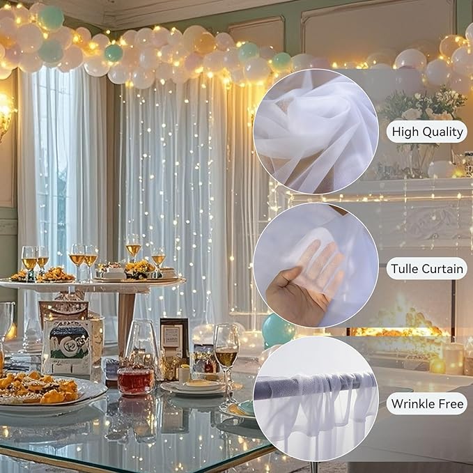 Ledido 10×8ft Tulle Backdrop Curtains with Lights String - 300LED Fairy Lights Sheer Curtain Backdrop for Weddings Baby Shower and Birthday Party Decorations(8 Panels 5×8ft)