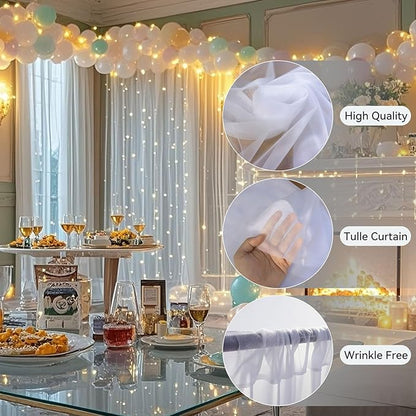 Ledido 10×8ft Tulle Backdrop Curtains with Lights String - 300LED Fairy Lights Sheer Curtain Backdrop for Weddings Baby Shower and Birthday Party Decorations(8 Panels 5×8ft)