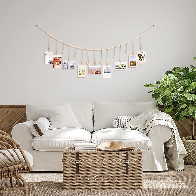 Hanging Photo Display Room Wall Decor, Boho Collage Picture Frame Christmas Cards Holder, Photo Hanger with 9 Wood Clips and 6 Wooden Hearts Tags for Home, Bedroom, Office, Nursery, Dorm Decor (3)
