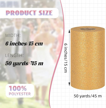 Glitter Tulle Rolls 6” by 50 Yards Sparkle Tulle Fabric Ribbon Sequin Tulle Netting Rolls for DIY Tutu Skirt Wedding Birthday Party Decoration (Gold)