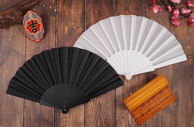 HUNANBANG 4 Pieces Folding Hand Fans Church Wedding Gift, Party Favors, DIY Decoration Gift Size9 Wholesale (Black 4pack)