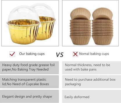 Gold Cupcake Liners with Lids 100Pack,Free-Air 3.5Oz Mini Muffin Liners Cupcake Wrappers,Foil Cupcake Baking Cups,Disposable Ramekins Muffin Tins for Wedding Birthday Party, with Spoons-Gold