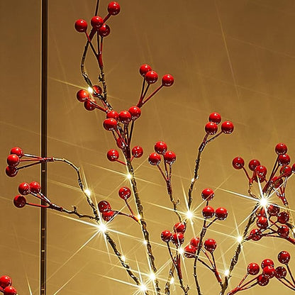 Fudios Lighted Red Berry Branches 80 LED Fairy Lights with Timer USB Plug in or Battery Operated, Artificial Twig Branches with Lights 32IN Christmas Home Fireplace Mantle Decoration
