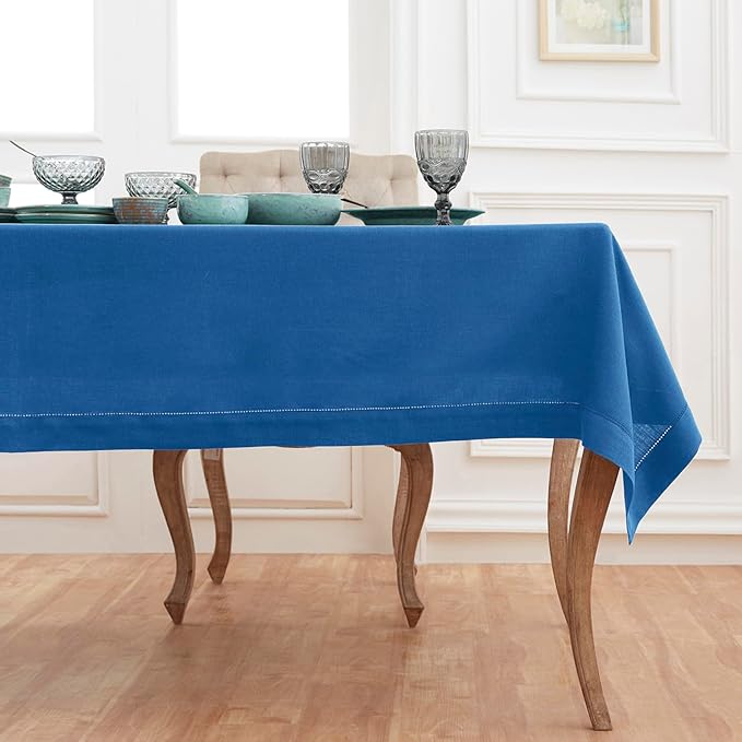 Solino Home Linen Indigo Blue Tablecloth 60 x 132 Inch - Classic Hemstitch, 100% Pure Linen Rectangular Tablecloth - Machine Washable Table Cloth for Fall, Autumn