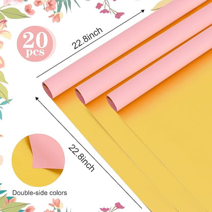 BEISHIDA 20Pcs Pink and Gold Double Sided Floral Wrapping Paper Matte Waterproof Flower Bouquet Wrapping Paper for Floral Wrap Florist Packing Supplies Birthday Valentine's Christmas Gift Wrapping