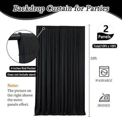 10 x 10 Feet Black Backdrop Curtain for Partie, Background Curtains for Photoshoot, Birthday, Wedding, Halloween, Thanksgiving, Christmas Day, New Year Party Decorations 5Ft x 10Ft, 2 Panels