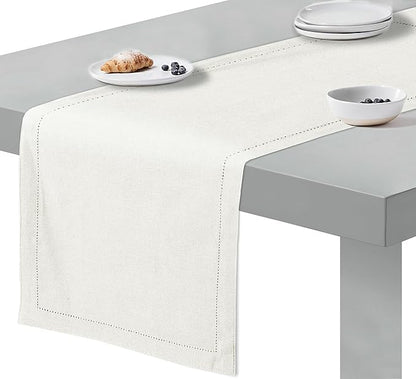 Ruvanti Linen Table Runner 72 Inches, Classic Hemstitch, Washable, Reusable, Non-Slipping, Stain Resistant- Perfect for Parties, Weddings, Dinners, Thanksgiving, Christmas, Indoor use – Ivory