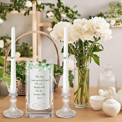 Unity Wedding Candles with Holder Wedding Ceremony Unity Candles Set Catholic Religious Accessories Large Decorative Glass Holder Taper for Church(Green Leaf)