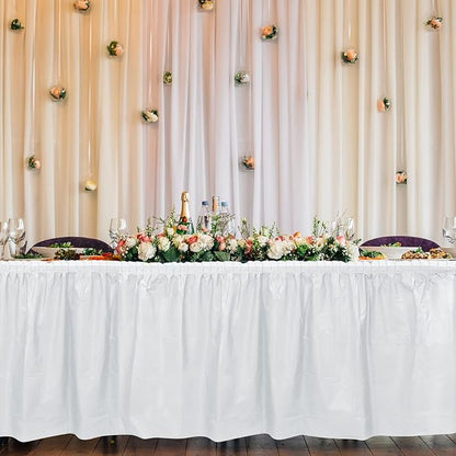 TURSTIN 8 Pieces White Plastic Table Skirts 14 Feet x 29 Inch for Rectangle Tables Fitted Tablecloth Disposable Table Cover for Birthday Party, Events, Banquette Baby Shower