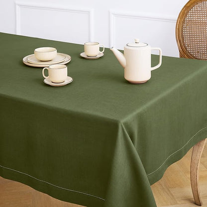 Solino Home Olive Linen Tablecloth 60 x 120 Inch - 100% Pure Linen Hemstitch Table Cloth for Rectangle Tables - Classic Hemstitch, Machine Washable Tablecloth for Fall, Autumn, Thanksgiving