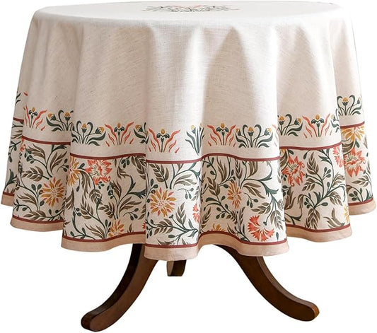 ISAENNE Floral Tablecloth for Round Tables,Linen Table Cloth with Double-Edged Lily Pattern,Heavy Durable Table Cover for Dining Thanksgiving Kitchen Decor Party Christmas,Diameter 55"