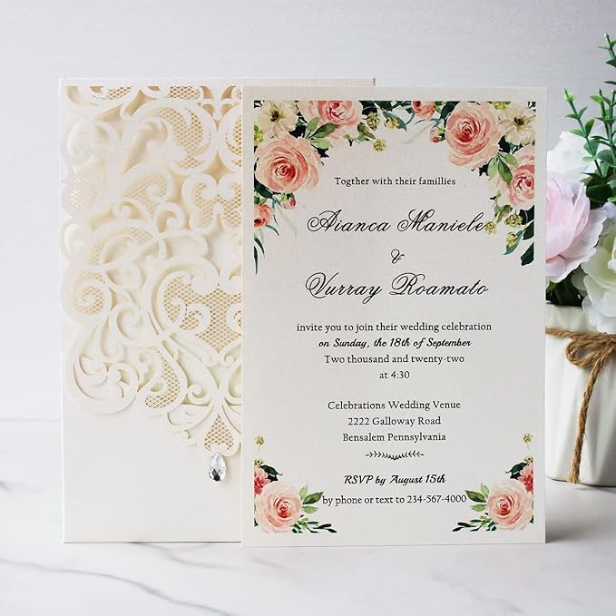 Hosmsua 50PCS White Wedding Invitations Kit 5 x 7.3 Inch Laser Cut Hollow Rose Rhinestone Pocket with Envelope for Quinceanera Bridal Shower Invite (White Ivory)