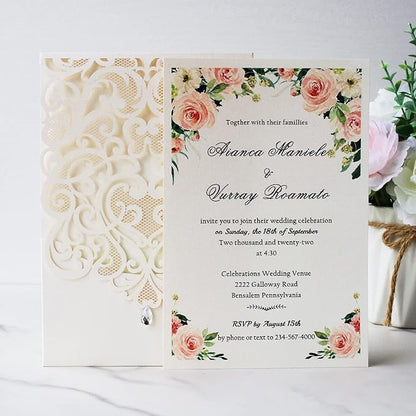 Hosmsua 50PCS White Wedding Invitations Kit 5 x 7.3 Inch Laser Cut Hollow Rose Rhinestone Pocket with Envelope for Quinceanera Bridal Shower Invite (White Ivory)