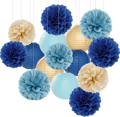 Dusty-Navy Blue Champagne-Gold Paper-Flowers Lanterns - 15pc Christmas Graduation Party Decorations Tissue Pom Poms Streamers,Birthday Bachelorette Bridal Baby Shower Engagement Wedding Decor Panduola