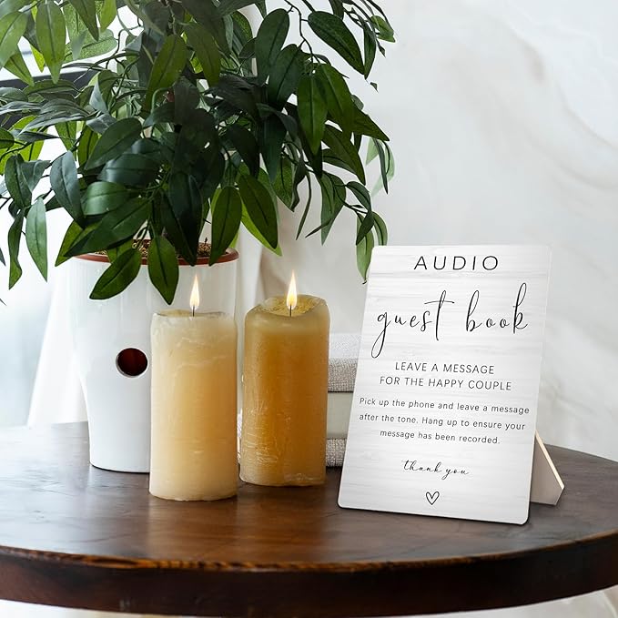 Audio Guest Book Sign - Audio Phone Guestbook Wooden Stand for Wedding 5x7inch, Wedding Table Decorations
