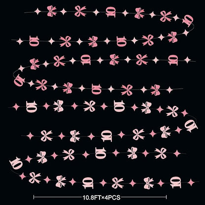 Glitter Pink 10th Bow Birthday Decorations Hot Pink Conquette Bow Garland Streamer Banner Backdrop for Girls Happy 10th Birthday Double Digits I'm 10 Cheers to 10 Years Old Anniversary Party Supplies
