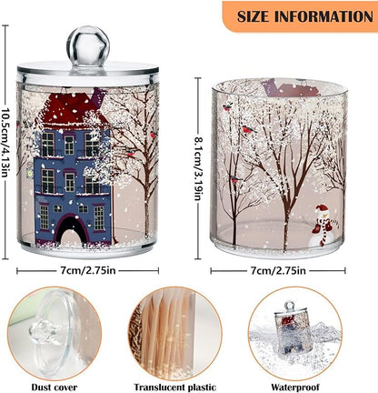 Gredecor Christmas Winter Qtip Holder Dispenser 2 Pack Snowmen Snow Courtyard with Trees Bathroom Decorative Storage Canister Holder Counter Vanity Organizer for Cotton Ball Swabs Pads Floss